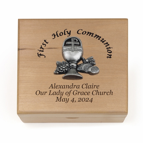 4-3/4 x 4-1/4 x 2-3/4 Inch First Holy Communion Maple Wood Keepsake Box