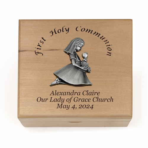 4-3/4 x 4-1/4 x 2-3/4 Inch Girl First Communion Maple Wood Keepsake Box
