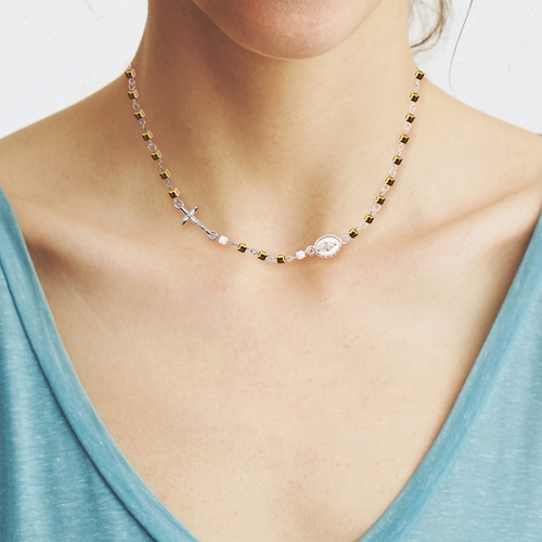 4.5mm Gold Square Hematite Beads Rosary Necklace with Cross and Miraculous Medal Charms