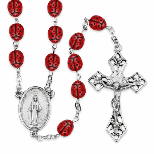 4.5mm Ladybug Glass Bead Rosary with Crucifix and Miraculous Center