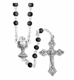 4.5mm Round Black Glass Beads Rosary with Crucifix and Chalice Center