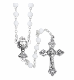 4.5mm Round White Glass Beads Rosary with Crucifix and Chalice Center