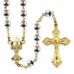 4.5mm Square Hematite Beads Rosary with Gold Plated Crucifix and Chalice Center