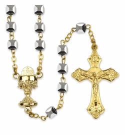 4.5mm Square Hematite Beads Rosary with Gold Plated Crucifix and Chalice Center