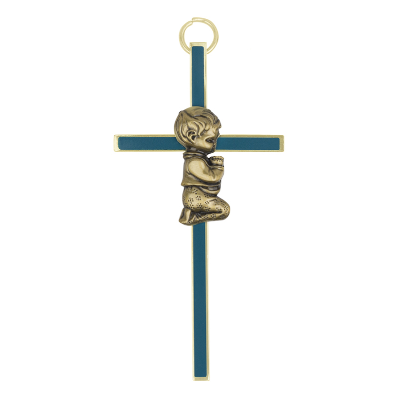 4 Inch Enameled Brass Baby Boy Wall Cross