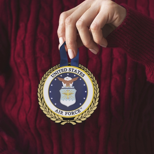 5-1/4 Inch Round Raised and Color Printed United States Air Force Insignia Aluminum Metal Christmas Ornament