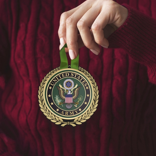 5-1/4 Inch Round Raised and Color Printed United States Army Corps Insignia Aluminum Metal Christmas Ornament