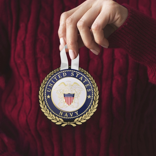 5-1/4 Inch Round Raised and Color Printed United States Navy Insignia Aluminum Metal Christmas Ornament