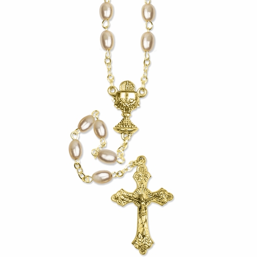4mm Imitation Pearl Beads Rosary with Gold Plated Crucifix and Chalice Center