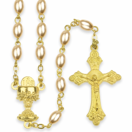 4mm Imitation Pearl Beads Rosary with Gold Plated Crucifix and Chalice Center