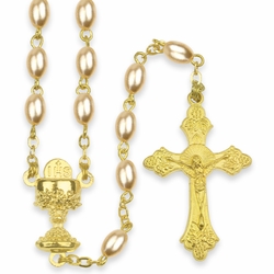 4mm Imitation Pearl Beads Rosary with Gold Plated Crucifix and Chalice Center