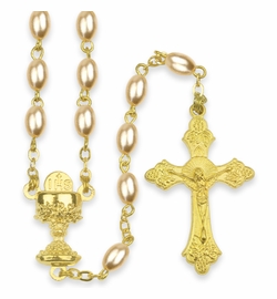 4mm Imitation Pearl Beads Rosary with Gold Plated Crucifix and Chalice Center