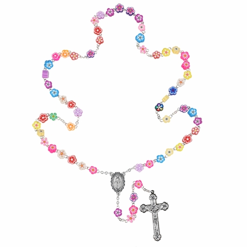 4mm Multi-Color Plastic Bead Flower Rosary with Crucifix and Miraculous Center
