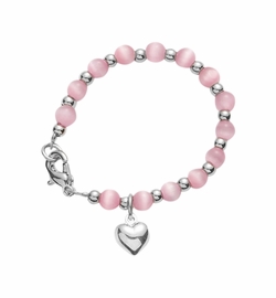 4mm Pink Glass Pearl Beads Baby Bracelet with Heart Charm