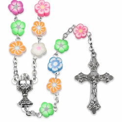 4mm Plastic Multi-Color Flower Beads First Communion Rosary with Crucifix and Chalice Center