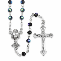 4mm Round Crystal Glass Black Bead Rosary with Crucifix and Chalice Center