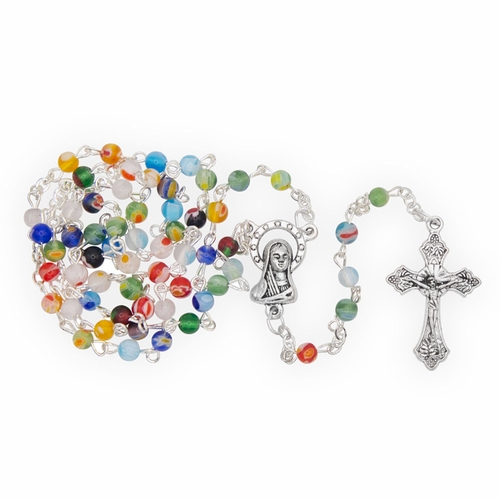 4mm Round Multi-Color Murano Glass Beads Rosary with Crucifix and Madonna Center