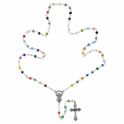 4mm Round Multi-Color Murano Glass Beads Rosary with Crucifix and Madonna Center