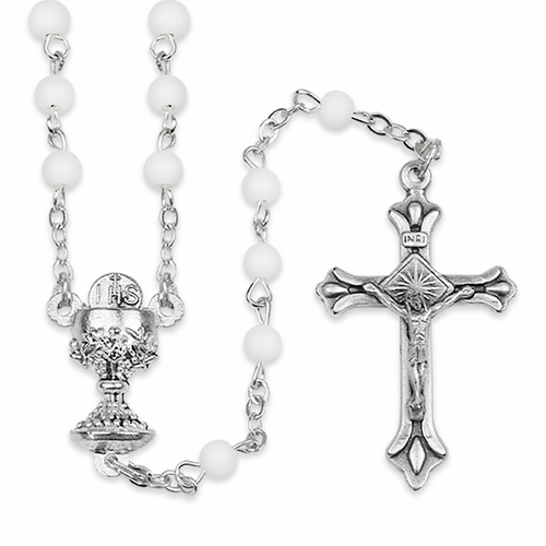 4mm Round White Glass Bead Rosary with Crucifix and Chalice Center