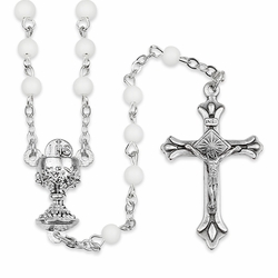 4mm Round White Glass Bead Rosary with Crucifix and Chalice Center