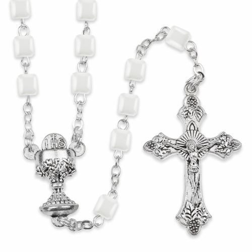 4mm Square White Glass Beads Rosary with Crucifix and Chalice Center