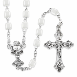 4mm Square White Glass Beads Rosary with Crucifix and Chalice Center
