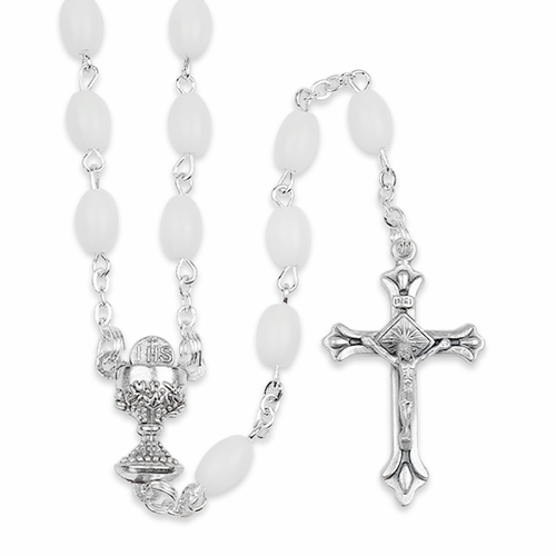 4mm White Oval Imitation Pearl Bead Rosary with Crucifix and Chalice Center