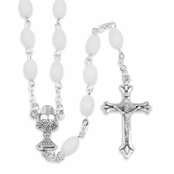 4mm White Oval Imitation Pearl Bead Rosary with Crucifix and Chalice Center