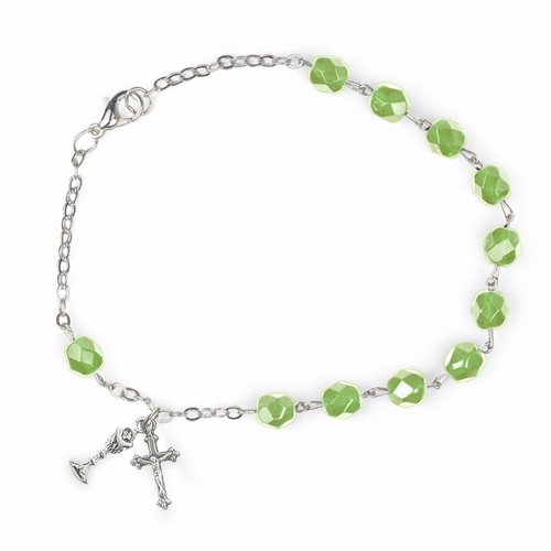 5.5 Inch First Communion August Peridot Birthstone Beads Bracelet with Chalice and Crucifix Charms