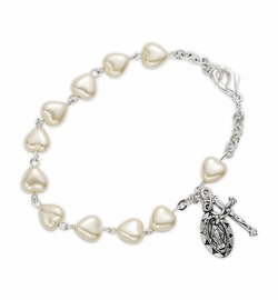5-1/2 Inch Heart Shaped Pearl Beads Bracelet with Miraculous and Crucifix Charms