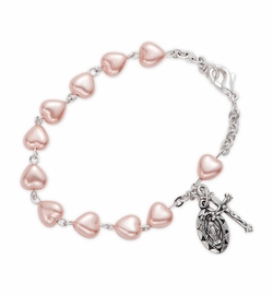 5-1/2 Inch Heart Shaped Pink Pearl Beads Bracelet with Miraculous and Crucifix Charms
