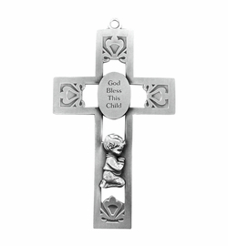 5-1/2 Inch Pierced Pewter Praying Boy Wall Cross