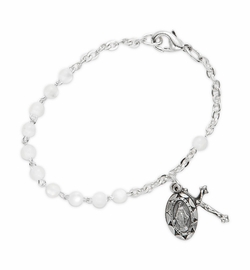 5-1/2 Inch White Pearl Beads Bracelet with Miraculous and Crucifix Charms