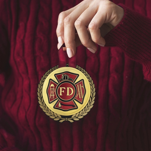 5-1/4 Inch Round Raised and Color Printed Fire Department Emblem Aluminum Metal Christmas Ornament