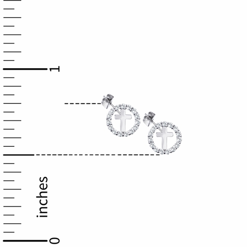 5/16 Inch Sterling Silver Circle Cross Earrings with Cubic Zirconia Stones