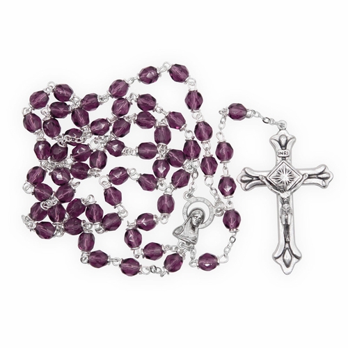 5.5mm Amethyst Fire Crystal Bead Rosary with Crucifix and Madonna Center