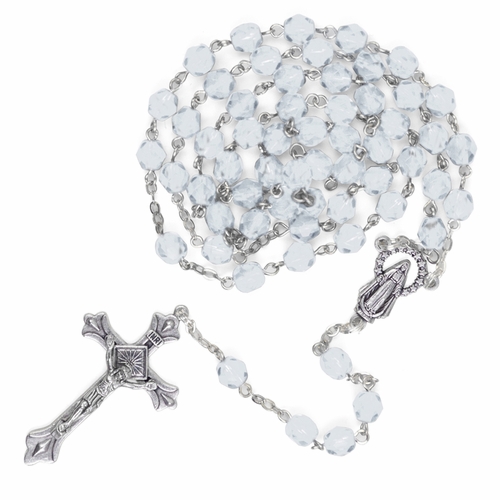 5.5mm April Diamond/Clear Beads Rosary with Crucifix and Madonna Center