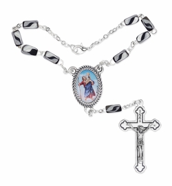 5.5mm Black Square Hematite Beads Auto Rosary with Crucifix and St. Christopher Center
