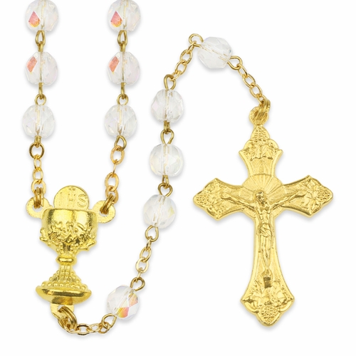 5.5mm Crystal Glass Beads Rosary with Gold Plated Crucifix and Chalice Center