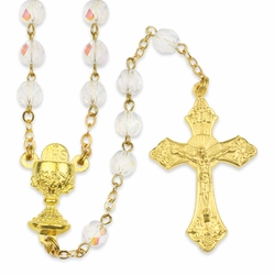 5.5mm Crystal Glass Beads Rosary with Gold Plated Crucifix and Chalice Center