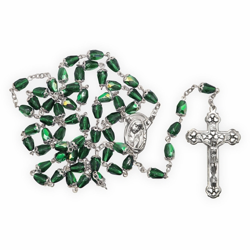 5.5mm Green Crystal Glass Tear Drop Beads Rosary with Crucifix and Madonna Center