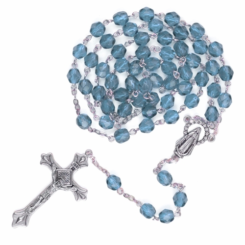 5.5mm March Aquamarine Beads Rosary with Crucifix and Madonna Center