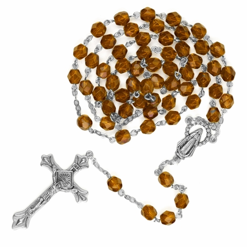 5.5mm November Topaz Beads Rosary with Crucifix and Madonna Center