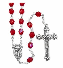5.5mm Red Fire Bead Rosary with Crucifix and Madonna Center