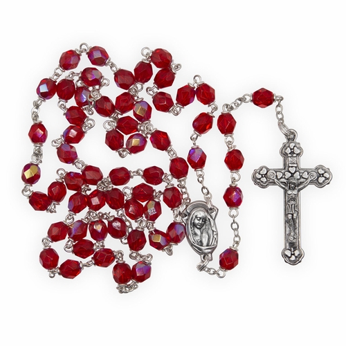 5.5mm Red Fire Bead Rosary with Crucifix and Madonna Center