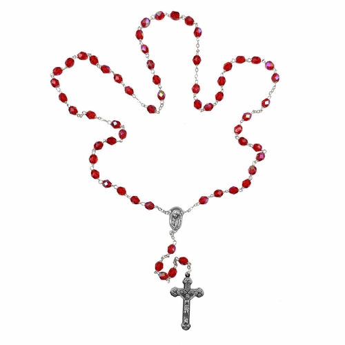 5.5mm Red Fire Bead Rosary with Crucifix and Madonna Center