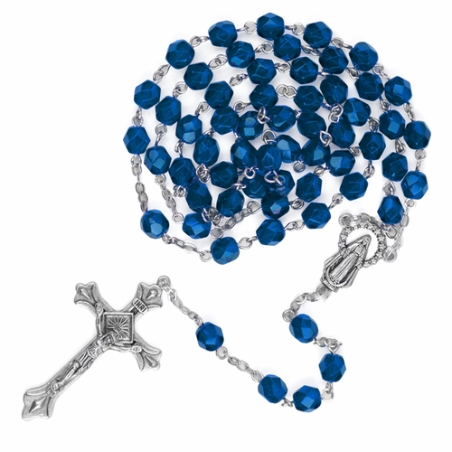 5.5mm September Sapphire Beads Rosary with Crucifix and Madonna Center
