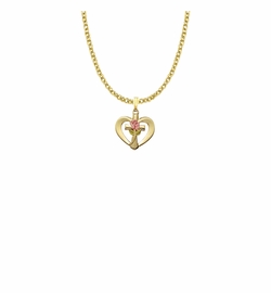 5/8 Inch 14KT Gold Plated Over Sterling Silver Enameled Pink Rose Cross Heart Necklace