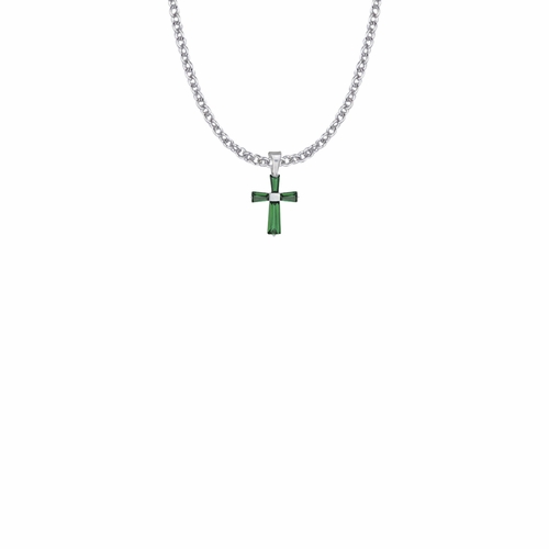 5/8 Inch Sterling Silver and Glass Crystal First Communion May Birthstone Baguette Cross Necklace