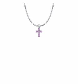 5/8 Inch Sterling Silver Cross Necklace with Amethyst Cubic Zirconia Stones